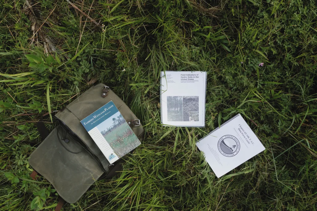Field bag, notebook and reference cards on grass during an environmental survey